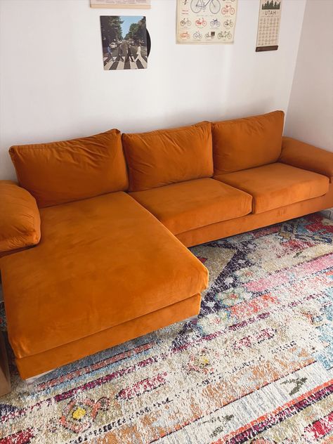 Orange couch styled, green velvet couch L Shape Sofa Orange, Orange L Shape Sofa, Orange Retro Couch, 70s Style Couch, Orange Couch Decor, Courdory Couch, Groovy Couch, Cute Couches Living Room, Orange Corner Sofa