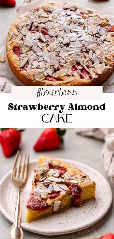 This strawberry almond cake is a gluten free, flourless cake that is perfect for Spring and Summer. It also doesn't have leaveners, making it perfect for Passover! It's made with local fresh strawberries that pair perfectly with almond flour and almond extract. It has a sweet yet tart flavor and comes together in under 40 minutes! Gluten Free Spring Dessert Recipes, Gf Spring Desserts, Almond Flower Cake, Almond Strawberry Cake, Almond Flour Strawberry Cake, Strawberry Cake Gluten Free, Almond Flour Birthday Cake, Strawberry Baked Goods, Gluten Free Strawberry Dessert