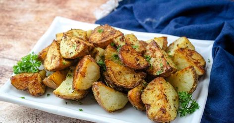 Crisp and savory, these are delicious mayonnaise-roasted potatoes. So good, you're going to want to skip the main and go right for the side dish. Mustard Potatoes, Fried Potato Cakes, Loaded Potato Casserole, Perfect Roast Potatoes, Parmesan Cheese Potatoes, Easy Mashed Potatoes, Spicy Mustard, Homemade French Fries, Potato Sides