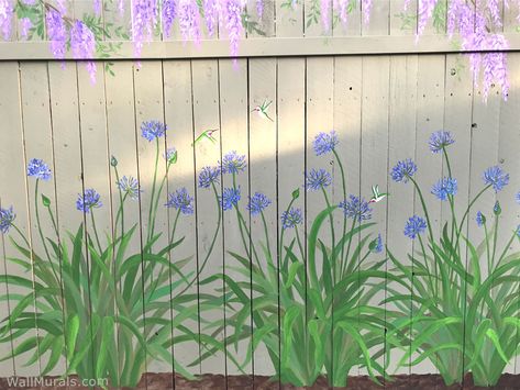 Flowers Painted On Fence Backyards, Flower Mural Outdoor Fence, Painting Murals On Fences, Wall Muriel Ideas, Fence Mural Ideas Backyards Wood, Painted Outdoor Fence, Outside Wall Design Outdoor Paint, Outside Wall Art Outdoors Ideas, Painted Fences Mural Backyard