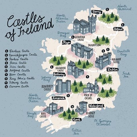 @iz.ptica • Map of Castles of Ireland Iz Ptica, Ireland Road Trip, Ireland Map, Dublin Castle, Castles In Ireland, Ireland Vacation, Voyage Europe, England And Scotland, Illustrated Map