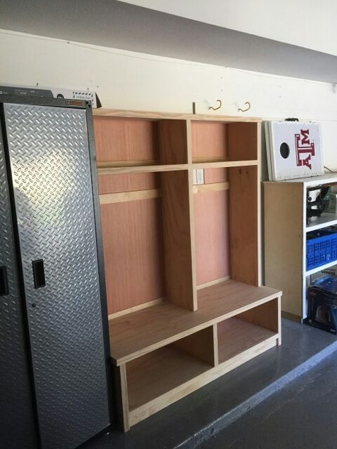 Hockey Locker Stall Diy, Hockey Lockers In Garage, Hockey Garage, Locker Room Ideas, Hockey Gear Storage, Hockey Equipment Storage, Hockey Locker, Garage Lockers, Golf Storage