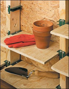 Shelf Bracket Set - Hardware Building Between The Studs, Shed Space Saving Ideas, Ways To Store Garden Tools, Organize Storage Shed, Diy Storage Shelves Garage, Organize Shed Ideas, Loft Storage Ideas Organizing, Work Shed Ideas Workshop, Between Studs Shelves