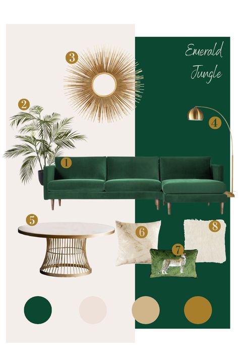 Green And Gold Maximalist, Green Gold Lounge, Cushions For Green Velvet Sofa, Emerald And Cream Living Room, Green Gold White Living Room, Emerald Green Living Room Color Scheme, Emerald Green And Gold Living Room, Emerald Green And Gold Aesthetic, Green And Gold Interior