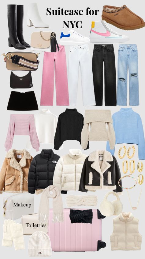 Suitcase for NYC #suitcase #packing #fashion #outfitinspo #essentials Cute New York Winter Outfit, Things To Pack For New York, Nyc Winter Clothes, Trip To Nyc Outfit, New York Shopping Outfit, Nyc Christmas Packing List, Packing List For New York Winter, New York Essentials, What To Bring To New York