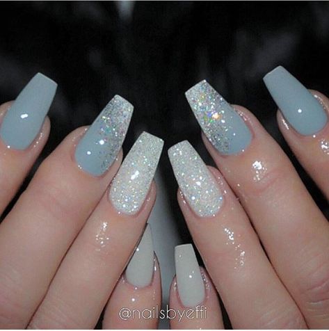 Sparkles & Matte Nails Grey Nails, Blue Acrylic Nails, Nails Prom, Acrylic Nails Coffin, Orange Nails, Prom Nails, Coffin Nails Designs, Fancy Nails, Nail Arts