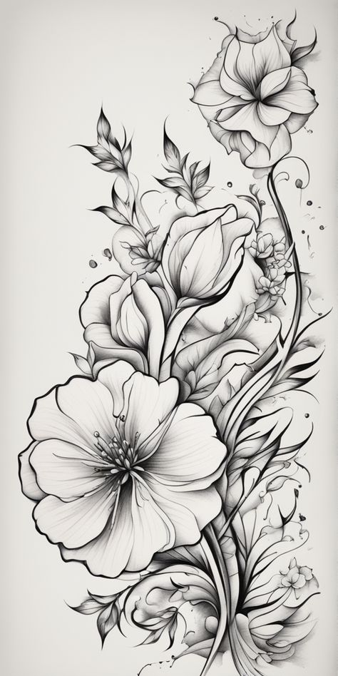 A traditional-style tattoo design of a flower, starkly rendered in black and white, occupies focus over a blank canvas. The image is striking, evoking an idea of permanence and natural beauty. Flower Sleeve Tattoos For Women Colour, Anemone Flower Tattoo Design, Thespesia Grandiflora Tattoo, Wild Flower Sleeve Tattoo, Japanese Floral Tattoo, Floral Tattoo Stencil, White Flower Tattoo, Black And White Flower Tattoo, Floral Back Tattoos