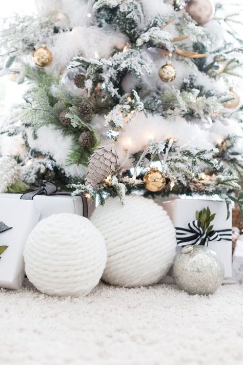 Hello again! I couldn’t wait to share this post as it’s one of those SUPER SIMPLE crafts that can have a great impact.  I love how whimsical they are and how they look under the tree. They’re like gia Crafts To Try, Giant Christmas Ornaments, Large Christmas Ornaments, Giant Yarn, White Christmas Ornaments, Christmas Yarn, White Christmas Decor, White Cottage, Christmas White