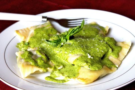 Shrimp stuffed Ravioli with Pesto Sauce Ravioli Pesto Sauce, Ravioli With Pesto Sauce, Ravioli Pesto, Ravioli With Pesto, Shrimp Ravioli, Stuffed Ravioli, Sausage Ravioli, Crockpot Ravioli, Recipes For Seafood