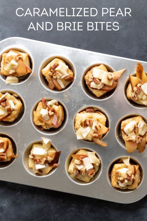 Flaky puff pastry, creamy brie, and caramelized pears, these small bites are party-ready! Puff Pastry App, Brie Bites Puff Pastry, Pear And Brie, Caramelized Pear, Cake Bars Recipe, Apple Pastry, Brie Puff Pastry, Brie Appetizer, Puff Pastry Appetizers