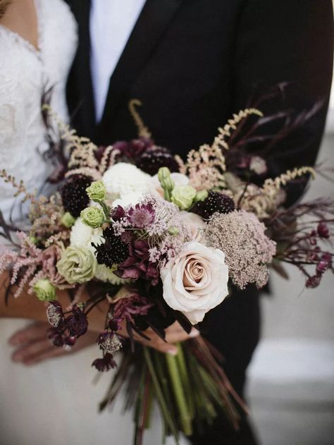 Moody Purple Bouquet, Dark Scabiosa, Moody Fall Wedding Flowers, Dark Purple Wedding Bouquets, Deep Purple Wedding Theme, Dark Purple Wedding Flowers, Burgundy Scabiosa, Wedding Bouquets Purple, Plum Wedding Bouquet