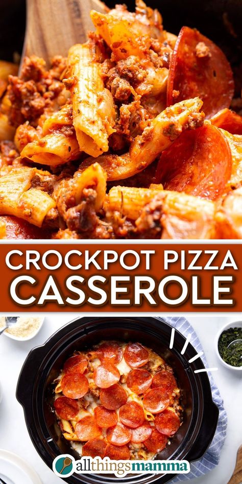 Crockpot Pizza Casserole social collage graphic Crockpot Pizza Casserole, Crockpot Pizza, Ground Beef Crockpot Recipes, Pizza Casserole Recipe, Beef Pepperoni, Crock Pot Pizza, Crockpot Pasta, Crockpot Casserole, Easy Dinner Recipes Crockpot