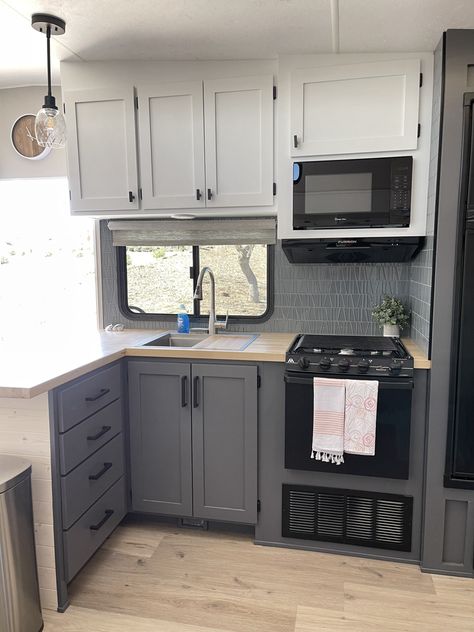 Kitchen Dark Lower Cabinets, Dark Lower Cabinets Light Upper, Rv Kitchen Cabinets, Dark Lower Cabinets, Rv Kitchen Remodel, Rv Cabinets, Rv Interior Remodel, Kitchen Grey, Camper Kitchen