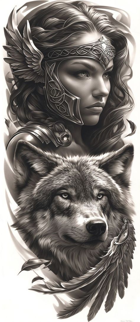 Women And Wolf Tattoo, Freyja Tattoo Norse Mythology, Huntress Tattoo, Tattoo Indien, Celtic Warrior Tattoos, Valkyrie Norse, Artemis Tattoo, Fenrir Tattoo, Female Warrior Tattoo