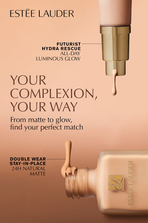 We have 3 confidence-boosting finishes for all skin types, whether you love a natural matte look or a luminous glow.   Oily or combo skin? Double Wear foundation makeup is your go-to. Buildable yet breathable, this oil-free foundation creates a flawless matte finish that lasts for 24H.   Dry or mature skin? Choose Futurist Hydra Rescue, our hydrating SPF foundation. It’s infused with nourishing hyaluronic acid & soothing probiotics, giving skin a luminous glow. Ugc Examples, Advertisement Photography, Spf Foundation, Double Wear Foundation, Oil Free Foundation, Concealer Shades, Combo Skin, Egyptian Style, Double Wear