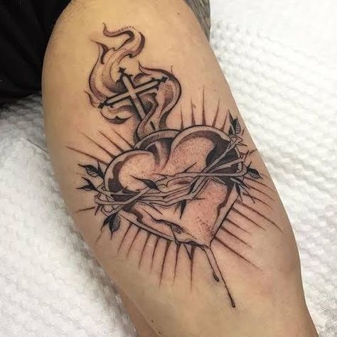 Sacred Heart Leg Tattoo, Mexican Sacred Heart Tattoo, Sacred Heart Tattoo Mexican, Sacred Heart Tattoo Stencil, Heart Tattoos For Men, Sacred Heart Of Jesus Tattoo, Sacred Heart Drawing, Sacred Heart Tattoo Design, Traditional American Tattoo