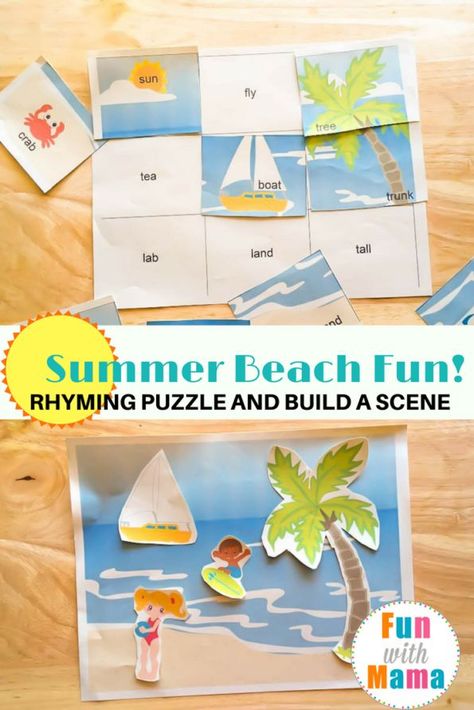 Summer rhyming activity puzzle and build a scene beach activity for kids, literacy, language, vocabulary, free homeschool printables Summer Esl Activities For Kids, Beach Activity For Kids, Beach Worksheets For Kids, Beach Activities Preschool, Beach Activities For Kids, Beach Activity, Free Homeschool Printables, Rhyming Activities, Summer Fun For Kids