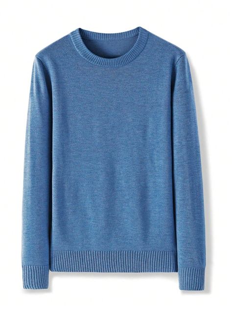 Blue Casual Collar Long Sleeve Worsted Plain Pullovers Embellished Slight Stretch  Men Clothing Round Neck Sweater, Round Neck Sweaters, Young Fashion, Beige Sweater, Men Clothing, Blue Sweaters, Knitted Pullover, Sleeve Sweater, Long Sleeve Sweater