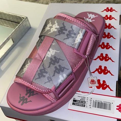 Kappa slides Pink Kappa Slides, Kappa Slides Outfit, Kappa Slides, Kappa Shoes, Shoes Game, Nike Yeezy, Slides Outfit, Cute Shoe, Trendy Shoes Sneakers