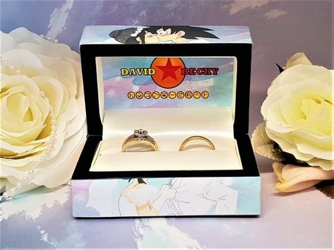 Shop our Dragon Ball Z double wedding ring box now 😍   Available From Our Etsy Shop! Save 10% with code "PIN10" Valid until 29th August 2018 Dragon Ball Z Wedding Theme, Goku Wedding, Dragon Ball Z Wedding, Dragon Ball Wedding, Promise Bracelets, Art Masters Jewelry, Sailor Moon Wedding, Geeky Wedding, Double Wedding Ring