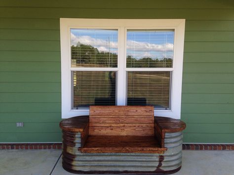 Water trough bench Water Trough Bench, Stock Tank Bench, Metal Water Trough, Fire Pit Bench, Rustic Outdoor Kitchens, Galvanized Decor, Rustic Furniture Design, Silo House, Water Trough