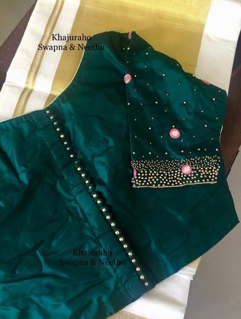 Bottle Green Saree Blouse Designs, Stone Blouse Designs, Green Saree Blouse Designs, Saree Blouse Boat Neck, Mirror Work Saree Blouse, Bottle Green Saree, Blouse Boat Neck, Green Blouse Designs, Silk Saree Blouse Designs Patterns