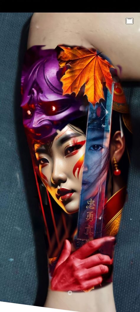 Colored Samurai Tattoo Design, Geisha Tattoo Design Colored, Female Portrait Tattoo Design, Colour Realism Tattoo Design, Samurai Tattoo Color, Japanese Tattoo Art Geisha, Disney Tattoo Sleeve, Color Realism Tattoo, Female Samurai Tattoo