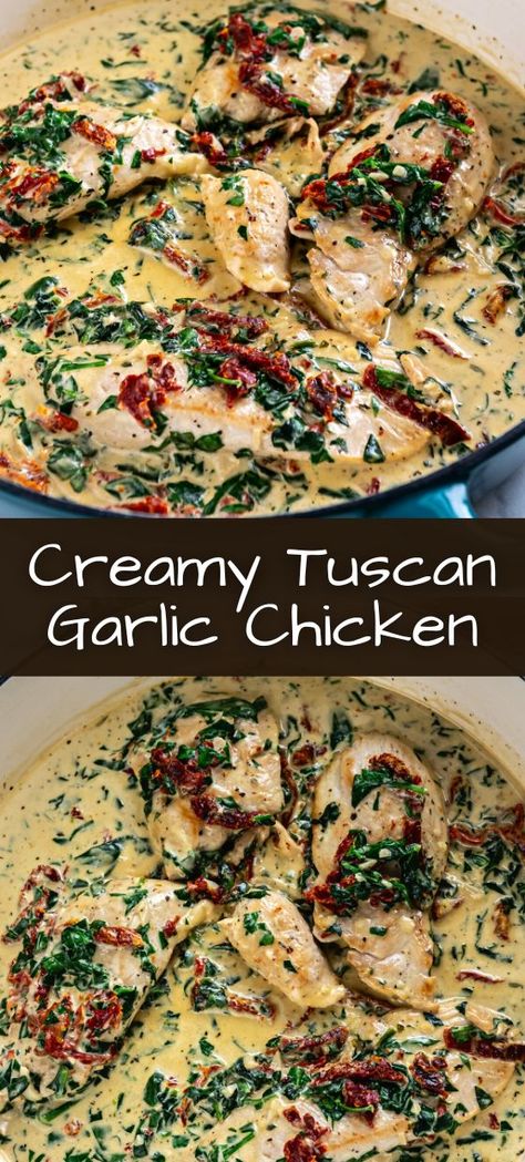 Indulge in the exquisite flavors of Creamy Tuscan Garlic Chicken, a savory Italian-inspired dish that will tantalize your taste buds. Follow us for more delectable recipes that will elevate your culinary adventures! Creamy Tuscan Garlic Chicken, Tuscan Garlic Chicken, Italian Recipes Dessert, Italian Dinner Recipes, Creamy Garlic Sauce, Italian Recipes Easy, Italian Recipe, Tuscan Chicken, Recipe Dinner