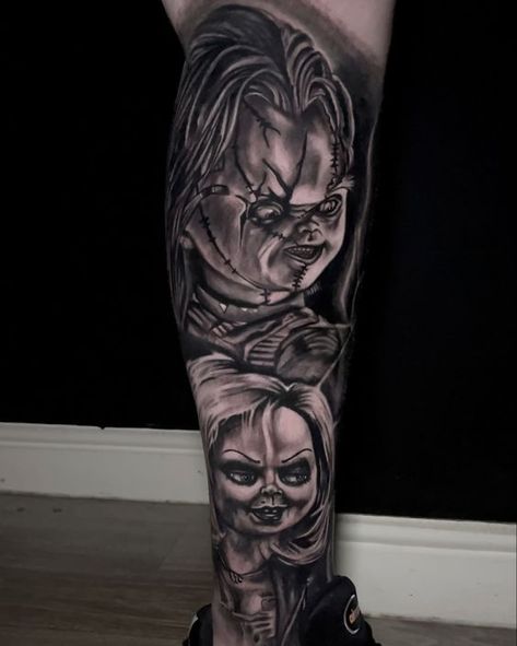 Chucky Tattoo. Chucky Tattoo Leg, Chucky Horror Tattoo, Chucky Tattoo On Leg, Tiffany Bride Of Chucky Tattoo, Annabelle Tattoo, Bride Of Chucky Tattoo, Chucky And Tiffany Tattoo, Chucky Tattoo Stencil, Chucky Tattoo Design