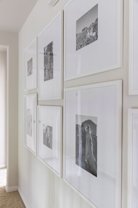 gallery wall ideas, hallway gallery wall, modern gallery wall ideas, large white custom picture frames Gallery Wall White Frames, Simple Gallery Wall, Hallway Gallery Wall, Cute Picture Frames, Custom Picture Frames, Picture Gallery Wall, Picture Frame Crafts, Gallery Wall Layout, Photo Wall Gallery