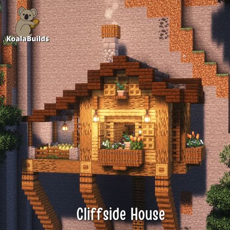 Cliff Side House, Enchanting Minecraft, Minecraft Cliff House, Minecraft Cliff, Minecraft Cherry Blossom House, Minecraft Village Ideas, Minecraft Mountain House, Minecraft Pfp, Cliffside House