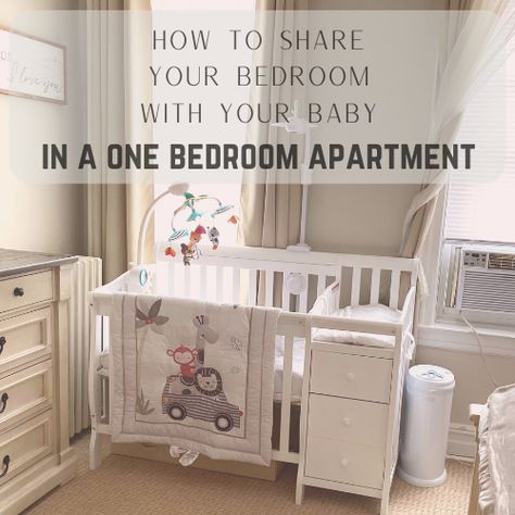 One bedroom apartment room sharing for toddler and parents! Nursery Room Shared With Parents, Nursery In 1 Bedroom Apartment, Nursery Ideas In Apartment, Room With Baby Sharing, Small Room With Baby Sharing, Baby In Small Apartment, Room Sharing With Newborn, Living Room With Baby Stuff, One Bedroom With Baby