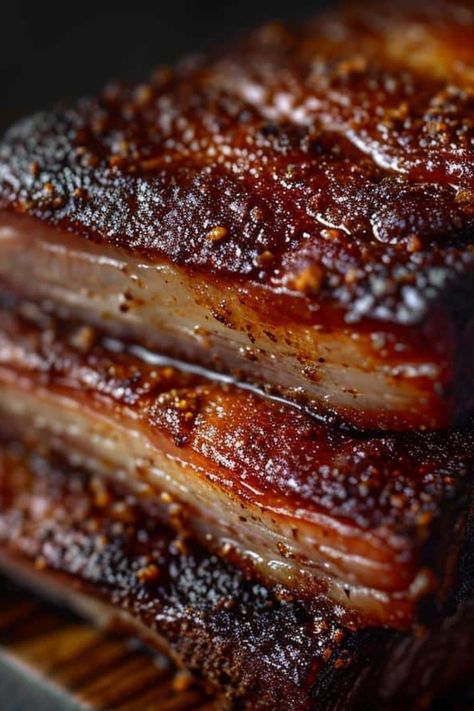 Smoked Asian Pork Belly Teriyaki Pork Belly, Asian Pork Belly Recipes, Marinated Pork Belly, Asian Pork Belly, Pork Belly Strips, Bbq Meals, Smoked Pork Belly, Teriyaki Pork, Barbeque Recipes