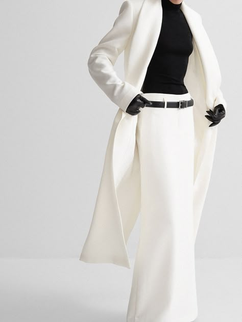 Elegant White Long Dress, Elegant Set Outfit, Classic White Evening Outerwear, White Winter Suits For Formal Occasions, Chic Long White Outerwear, Elegant Solid Color Formal Skirt Suit, Elegant Tailored Wedding Outerwear, White Long Sleeve Winter Suit, White Long Sleeve Suits For Winter