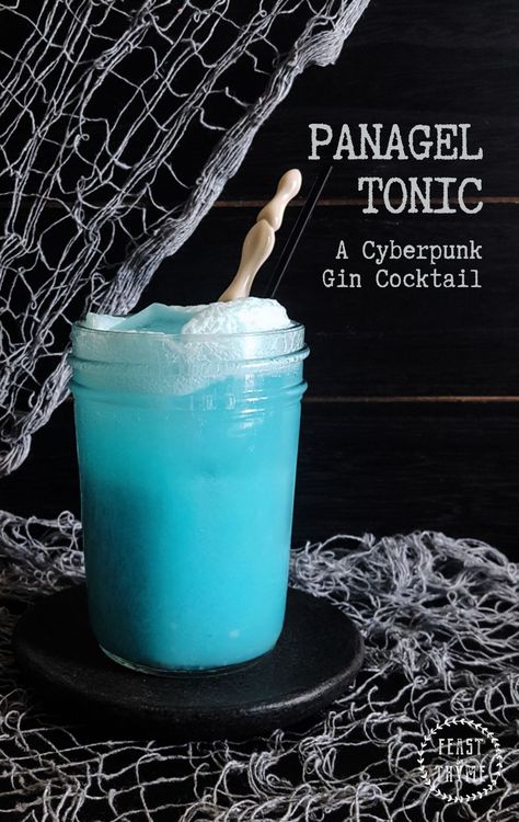 Sweet, sparkling, and outlandishly blue, the PanaGEL Tonic is the perfect gin cocktail for your next post-apocalyptic adventure. #cyberpunk #cocktail #harshrpg | FeastInThyme.com via @feastinthyme Cyberpunk Cocktail, Easy Dinner Party Recipes, Blue Gin, Pitcher Drinks, Skull Cake, Thyme Recipes, Gin Cocktail Recipes, Gin Cocktail, Dinner Party Menu