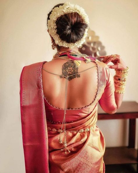 Bridal Buns: The Usual, The Unique And The Offbeat! Bridal Saree Blouse, Jadai Billai, Bridal Bun, Saree Blouse Neck Designs, Backless Blouse Designs, Traditional Blouse Designs, Blouse Back Neck Designs, Blouse Back, Wedding Blouse Designs