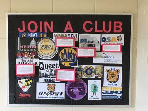 RA Bulletin Board about joining clubs. I put a collage of different clubs and organizations in school and put pop-up reasons on why to join one. Bulletin Board Ideas For Clubs, Clubs Bulletin Board, School Club Bulletin Board Ideas, Club Board Ideas, Club Bulletin Board Ideas, Club Bulletin Board, High School Bulletin Boards, College Bulletin Boards, Cute Bulletin Boards