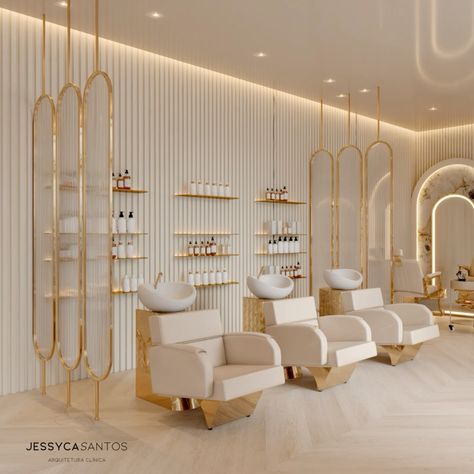 Interior Hair Salon Design, Modern Hair Salon Interior Design Luxury, White And Gold Hair Salon, Spa Hair Salon, Boutique Salon Decor, Modern Hair Salon Interior Design, Luxury Salon Interior Design, Beauty Salon Interior Luxury, Saloon Decor