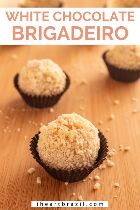 This white chocolate brigadeiro is deliciously sweet and tastes like more! Don’t believe me? Get the recipe and surprise yourself. | brigadeiro recipe | brazilian recipes | brazilian desserts Chocolate Brigadeiro Recipe, Brigadeiro Recipe, Chocolate Brigadeiro, Brazilian Recipes, Brazilian Desserts, Famous Desserts, White Chocolate Recipes, White Chocolate Truffles, Bite Size Cookies