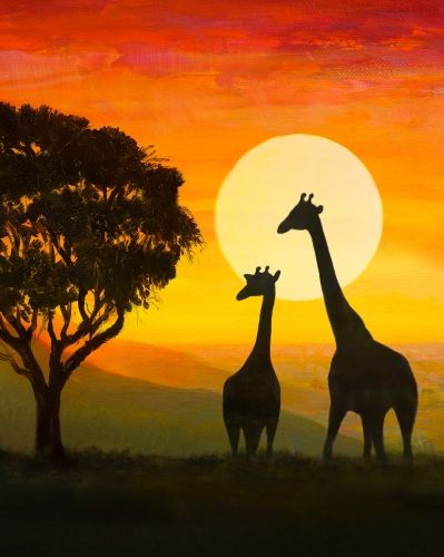 Learn to Paint Safari Wild tonight at Paint Nite! Our artists know exactly how to teach painters of all levels - give it a try! Afrique Art, African Paintings, Afrikaanse Kunst, Silhouette Painting, Paint Nite, African Art Paintings, Oil Pastel Art, Easy Canvas Painting, Africa Art