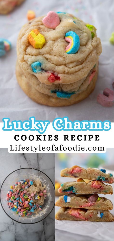 These fun Lucky Charms cookies are full of nostalgia, vanilla flavors, and are jam-packed with those mini marshmallows we all love! Made with chewy sugar cookies and Lucky Charms marshmallows, these cookies will take you back to your childhood and satisfy your cookie sweet tooth instantly. Lucky Charm Marshmallow Cookies, Elf Lucky Charms, Lucky Charm Sugar Cookies, Lucky Charms Cookies, Pillsbury Sugar Cookie Dough, Chunky Cookies, Lucky Charms Treats, Colourful House, Pillsbury Sugar Cookies