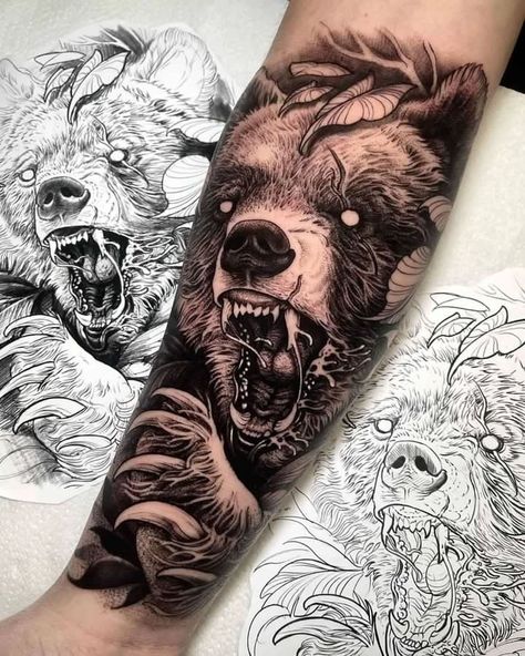 Panda Tattoo Men, Bear Tattoos For Men, Bears Tattoo, Bear Tattoo Meaning, Grizzly Bear Tattoos, Tattoo Bear, Angry Panda, Drawing Outlines, Viking Bear