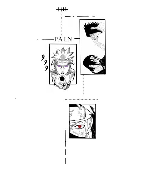 Anime Manga Tattoo Panels, Geometric Anime Tattoo, Naruto Panel Tattoo, Anime Geometric Tattoo, Naruto Tattoo Ideas Minimalist, Naruto Tattoo Design, Manga Panel Tattoos, Kakashi Tattoo, Collage Tattoo