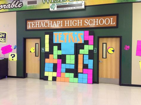 Video Game themed dance decorations: Tetris 90s Theme School Hallway, Video Game Decorations, 80s Hallway Decorations, Video Game Hallway Theme, Video Game School Theme, 80s Theme Classroom Bulletin Boards, 80s Video Games, Middle School Dance, Homecoming Decorations