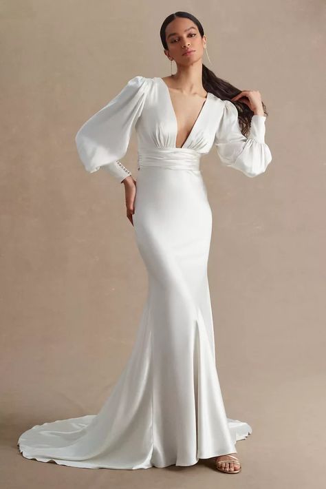 Satin Long Sleeve Wedding Dress, Billowy Sleeves, Simple Gowns, Anthropologie Wedding, Bias Cut Skirt, Dark Romantic, Gown Photos, Wedding Fall, Tea Length Wedding Dress