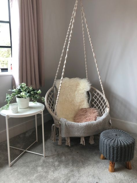 Pink and Grey teen bedroom With hanging chair Chair Swings For Bedrooms, Bedroom Ideas Hanging Chair, Hanging Chair Room Ideas, Hanging Chairs For Room, Swings For Room, Cozy Bedroom Hanging Chair, Aesthetic Bedroom Gray, Hanging Chair Bedroom Ideas, Hang Chair In Bedroom