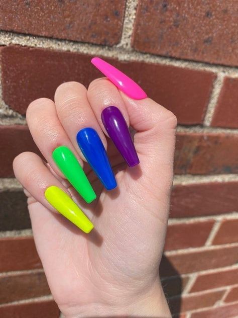 Cute Nail Colors, Purple Acrylic Nails, Bright Nails, Rainbow Nails, Neon Nails, Coffin Nails Designs, Dream Nails, Nail Designs Spring, Bling Nails