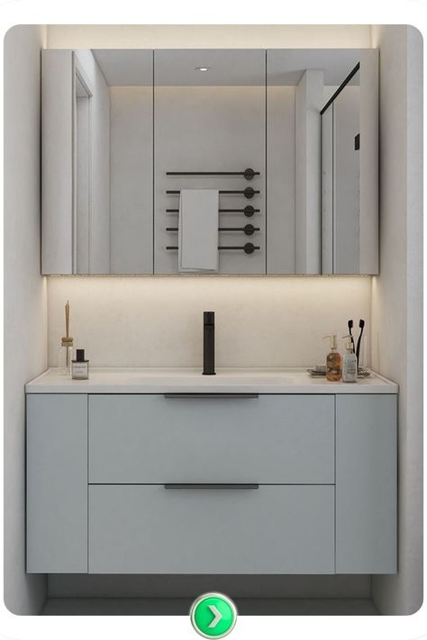 Gray bathroom cabinet with soft backlighting adds a serene, modern vibe. Ideal for creating ambiance, it’s a calming choice for minimalist bathrooms wanting subtle elegance. Bathroom Sink Cabinet Ideas, Bathroom Cabinet Color Ideas, Sink Cabinet Ideas, Gray Bathroom Cabinet, Minimalist Bathrooms, Bathroom Cabinet Colors, Cabinet Color Ideas, Bathroom Sink Cabinet, Grey Bathroom Cabinets