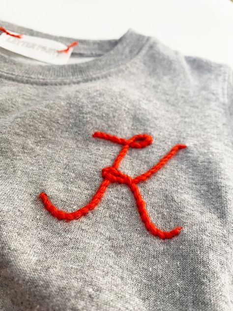 Custom Initial Sweatshirt KIDS Embroidered Initial - Etsy Canada Diy Custom Clothes Ideas, Sewing Letters On Shirt, Beaded Embroidery Letters, Embellished Sweatshirt Diy, Hand Embroidered Hat, Initial Embroidery Letters, Embroidery Inspiration Jeans, Boy Embroidery Ideas, Embroidery Name Designs