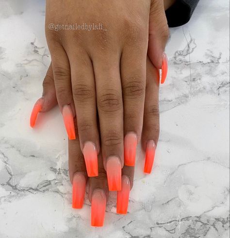 Neon nails, ombre nails, tapered square nails Neon Orange Ombre Acrylic Nails, Bright Square Acrylic Nails, Ombré Nails Orange, Summer Ombre Nails Square, Ombre Neon Nails Summer, Ombré Neon Nails, Neon Orange Ombre Nails, Neon Ombre Nails Bright Colors, Ombré Orange Nails